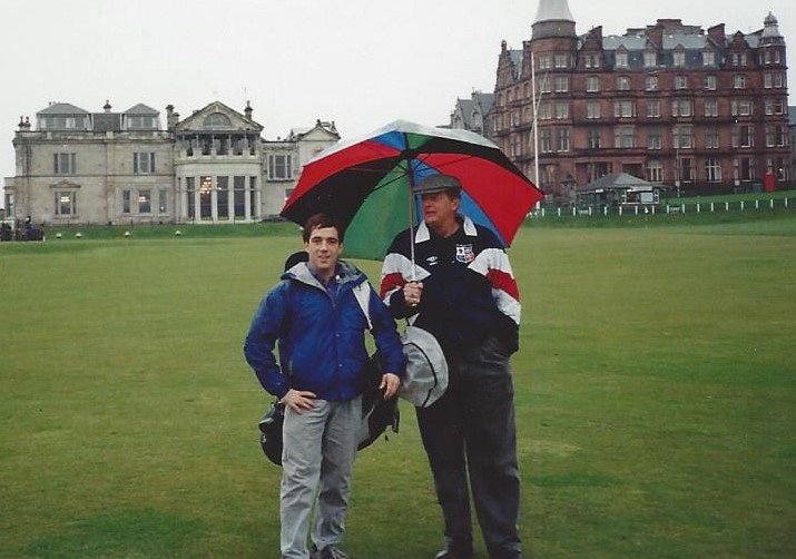 Jimmy DiMatteo and Mike Malon on the Old Course with St Andrews behind